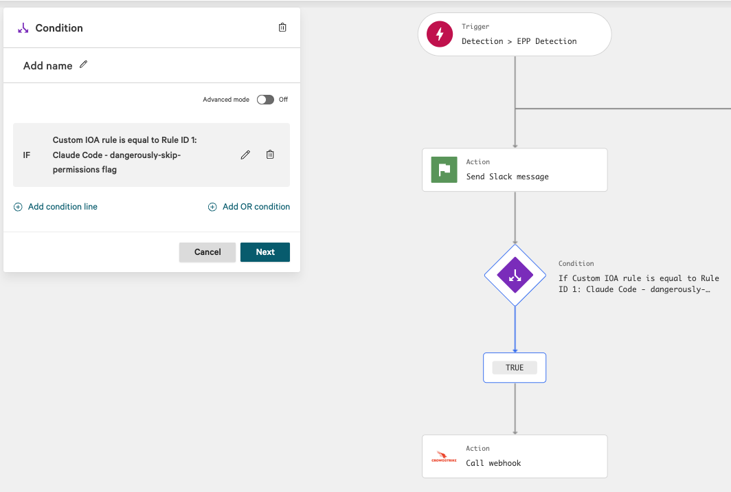 Falcon Fusion workflow: trigger on EPP Detection, condition checking for the dangerously-skip-permissions IOA rule, then call webhook on TRUE