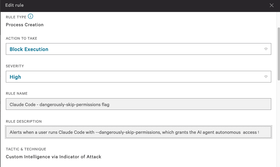 CrowdStrike Custom IOA rule configuration: rule type Process Creation, action Block Execution, severity High, rule name Claude Code - dangerously-skip-permissions flag