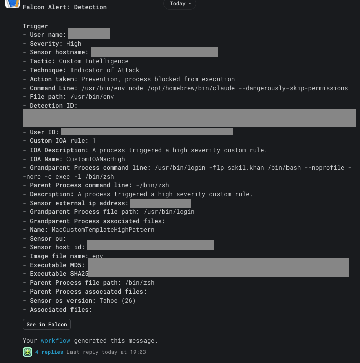 Original CrowdStrike Falcon alert posted into the alerts channel by Fusion, with a detailed list of detection fields including IOA rule, command line, process chain, and sensor metadata
