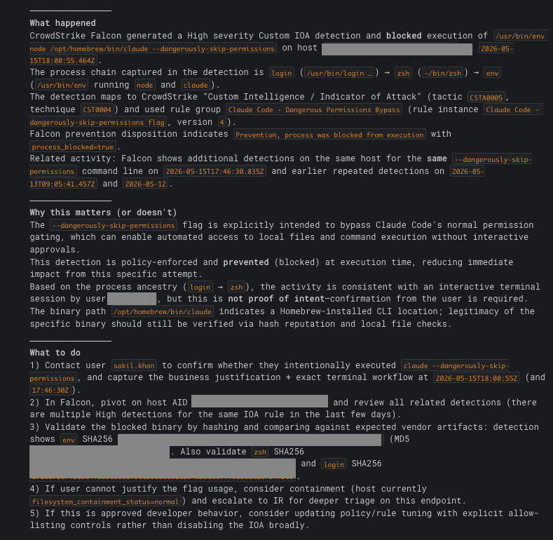 AI investigator&rsquo;s Slack thread reply showing the What happened section with process chain analysis, Why this matters with assessment of the flag&rsquo;s behaviour, and What to do with numbered next steps referencing the actual username, AID, SHA256, and timestamps from telemetry