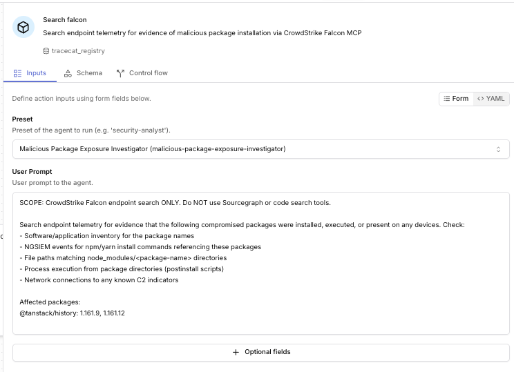 Tracecat preset showing the investigator system prompt in the instructions field