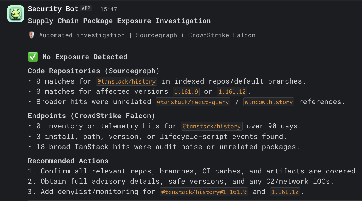 Slack message posted by the workflow: verdict, code findings, endpoint findings, case link