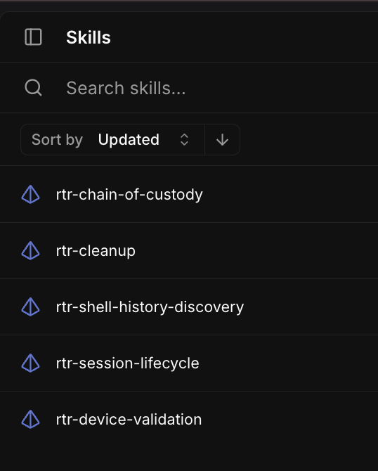 Tracecat Skills panel listing five skills: rtr-chain-of-custody, rtr-cleanup, rtr-shell-history-discovery, rtr-session-lifecycle, and rtr-device-validation